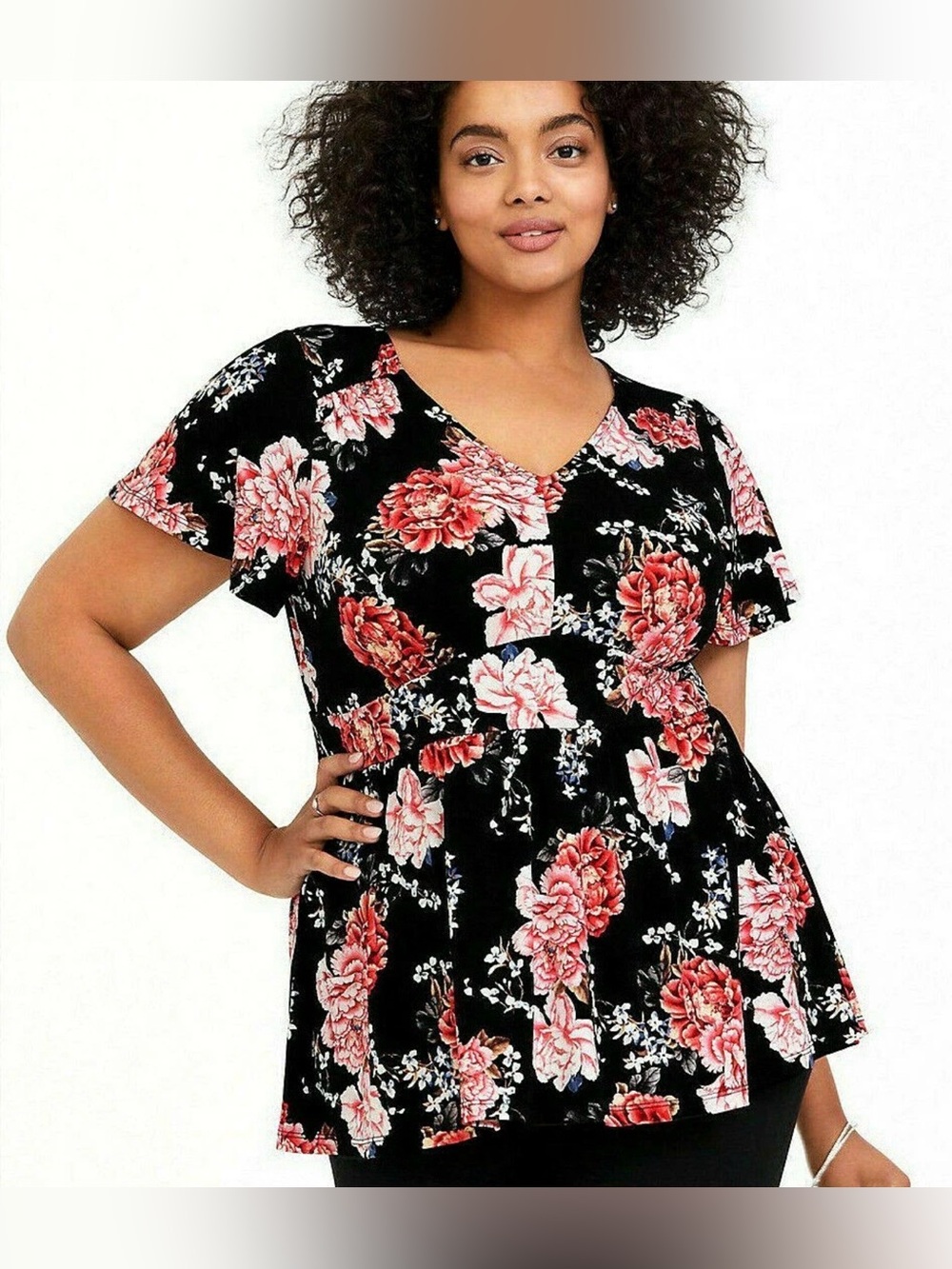 Torrid black and pink floral print short-sleeve V-neck babydoll/peplum top 1X